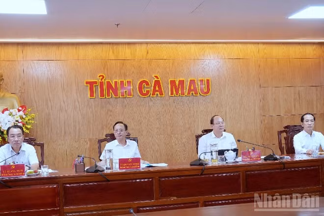 Bí thư Tỉnh ủy Cà Mau Nguyễn Hồ Hải (thứ 2 từ phải qua), cùng các đồng chí Thường trực Tỉnh ủy chủ trì cuộc họp.