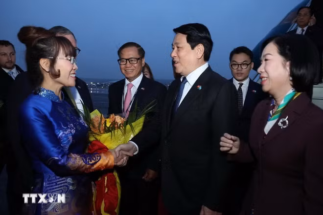 Các đại biểu đón Chủ tịch nước Lương Cường và Phu nhân tại sân bay Boeing Field Seattle, bang Washington (Hoa Kỳ). (Ảnh: TTXVN)