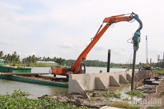 Nhà thầu thi công bờ kè tại xã Bình Phú, thuộc dự án hạ tầng hồ chứa nước ngọt dọc bờ sông Láng Thé giai đoạn 1.