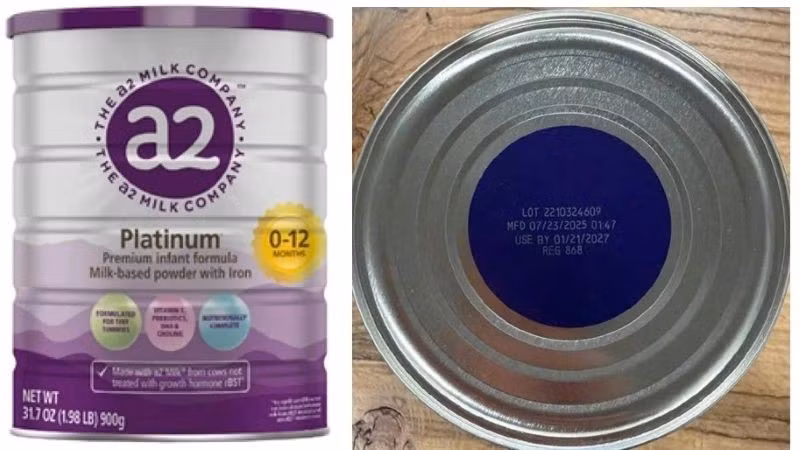 Sản phẩm sữa bột a2 Platinum Premium dành cho trẻ 0-12 tháng tuổi bị thu hồi tại thị trường Mỹ. (Ảnh: FDA)