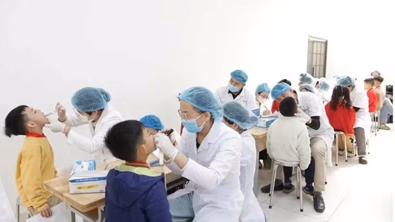 Các bác sĩ thăm khám sức khỏe răng miệng cho học sinh.
