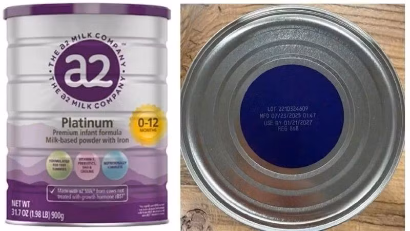 Sản phẩm sữa bột a2 Platinum Premium dành cho trẻ 0-12 tháng tuổi bị thu hồi tại thị trường Mỹ. (Ảnh: FDA)