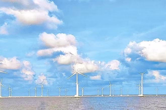 rên “cánh đồng điện gió” ngoài khơi xa ở xã Vĩnh Hậu, Cà Mau (Ảnh HỮU THỌ)