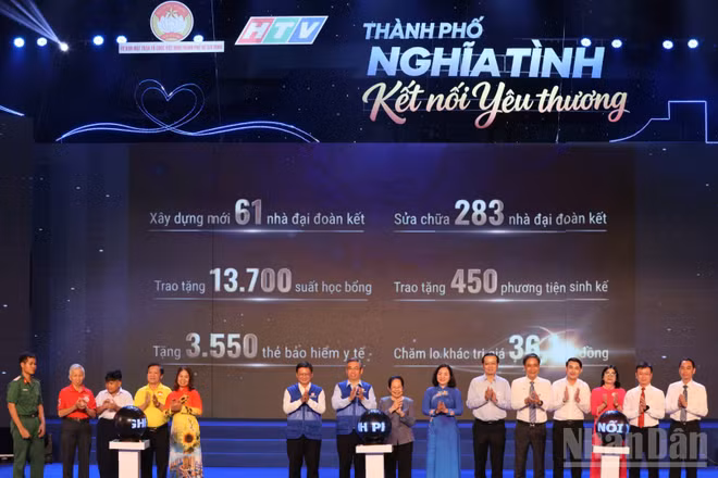 Đồng chí Nguyễn Phước Lộc, Ủy viên Trung ương Đảng, Phó Bí thư Thành ủy, Chủ tịch Ủy ban Mặt trận Tổ quốc Việt Nam thành phố và các đại biểu khởi động Tháng cao điểm “Vì người nghèo” năm 2026. (Ảnh: Thúy Liễu)
