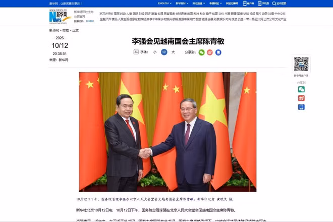 Tân Hoa xã đưa tin về cuộc hội kiến giữa Chủ tịch Quốc hội Trần Thanh Mẫn và Thủ tướng Trung Quốc Lý Cường. (Ảnh chụp màn hình)