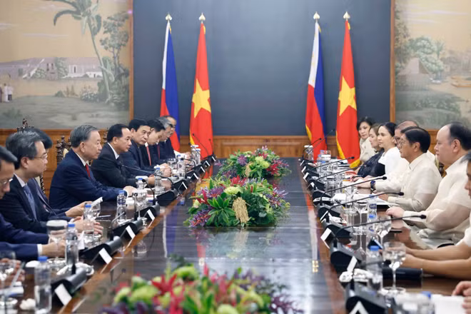 Tổng Bí thư, Chủ tịch nước Tô Lâm và Tổng thống Philippines Ferdinand Romualdez Marcos Jr. hội đàm cấp Nhà nước. (Ảnh: TTXVN)