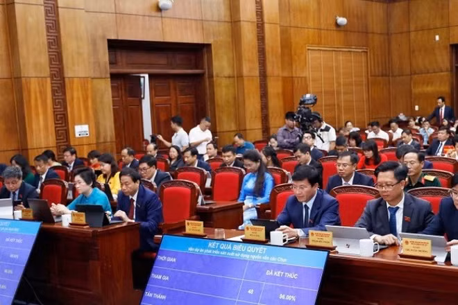 Đại biểu dự Kỳ họp thứ Tư Hội đồng nhân dân tỉnh Điện Biên khóa XVI biểu quyết thông qua các nghị quyết. 