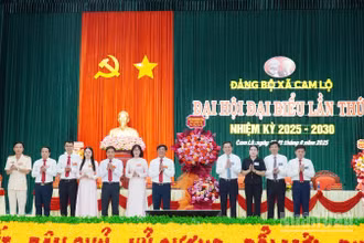 Ủy viên dự khuyết Trung ương Đảng, Phó Bí thư Thường trực Tỉnh ủy Quảng Trị Nguyễn Long Hải tặng hoa chúc mừng đại hội.