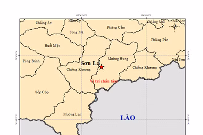 Bản đồ chấn tâm trận động đất có độ lớn 4.0 xảy ra tại xã Mường Hung, tỉnh Sơn La. (Ảnh: Viện Các khoa học Trái đất)
