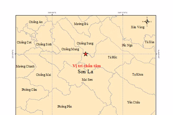 Bản đồ tâm trấn trận động đất độ lớn 4,2 tại xã Tà Hộc, tỉnh Sơn La. (Ảnh: Viện Các khoa học Trái đất cung cấp)