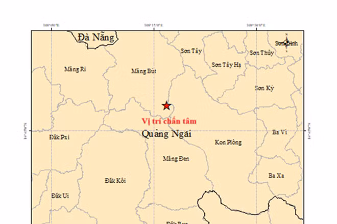 Bản đồ tâm chấn trận động đất có độ lớn 3.8 tại xã Măng Bút, tỉnh Quảng Ngãi. (Ảnh: Viện Các khoa học Trái Đất cung cấp)