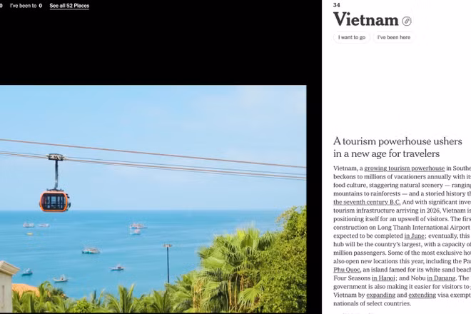 Hình ảnh về cáp treo Hòn Thơm xuất hiện trên The New York Times trong phần giới thiệu về Việt Nam. (Ảnh chụp màn hình)
