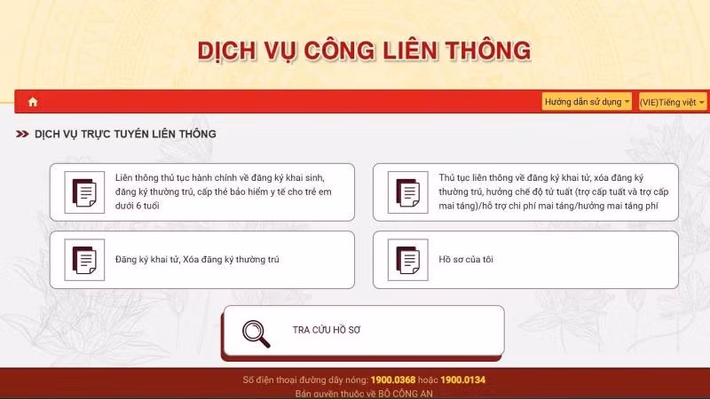Đăng ký hộ tịch trên dịch vụ công trực tuyến quốc gia. (ẢNH CHỤP MÀN HÌNH)