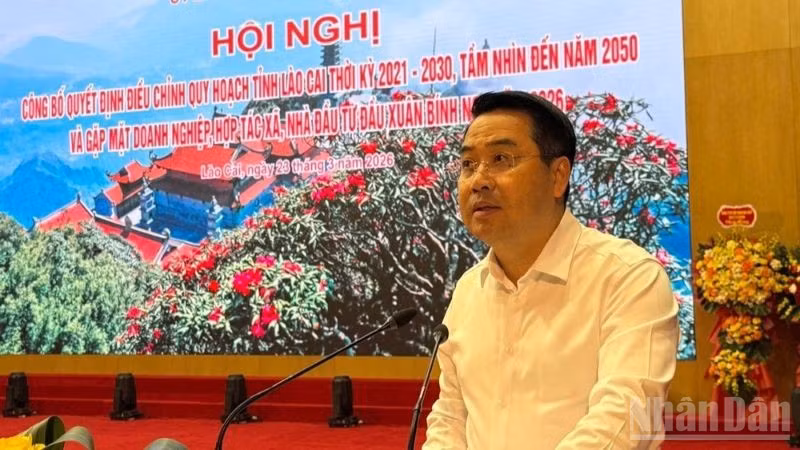 Chủ tịch Ủy ban nhân dân tỉnh Nguyễn Tuấn Anh phát biểu tại hội nghị. (Ảnh: THANH SƠN)