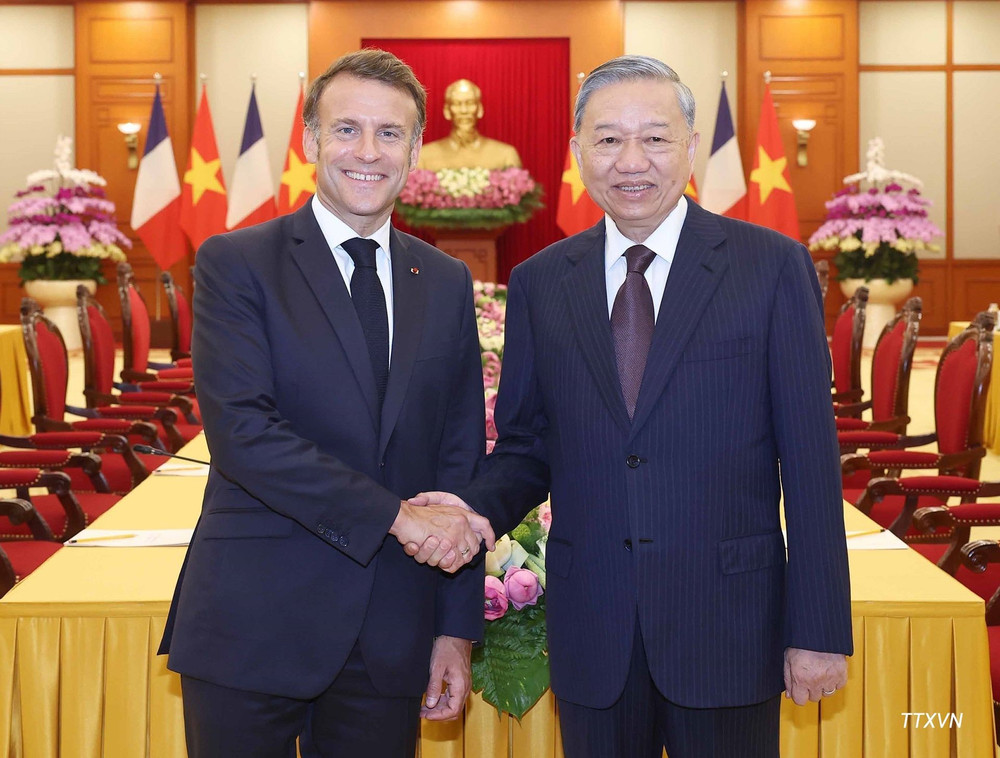 Tổng Bí thư Tô Lâm tiếp Tổng thống Pháp Emmanuel Macron thăm cấp Nhà nước tới Việt Nam, ngày 26/5/2025. (Ảnh: TTXVN)