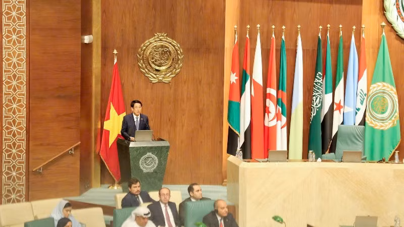 Chủ tịch nước phát biểu chính sách tại Liên đoàn Arab. (Ảnh: XUÂN KỲ) 