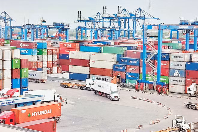 Việc thu phí cảng biển tự động không dùng tiền mặt sẽ không gây ách tắc hàng hóa tại các cảng biển trên địa bàn thành phố Hồ Chí Minh. Trong ảnh: Vận chuyển hàng hóa tại Cảng Cát Lái, thành phố Thủ Ðức. 