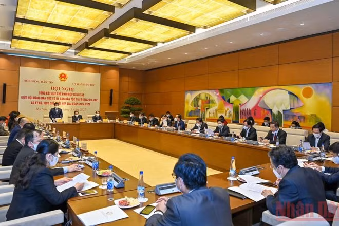 Quang cảnh hội nghị Tổng kết quy chế phối hợp giữa Hội đồng Dân tộc và Ủy ban Dân tộc. (Ảnh Duy Linh)