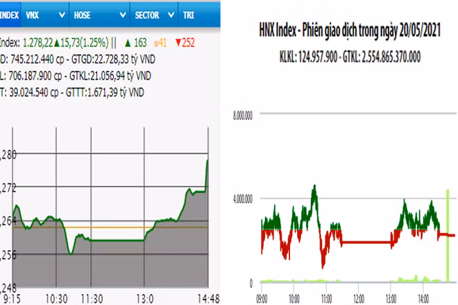 Diễn biến VN-Index và HNX-Index, phiên giao dịch ngày 20-5. 