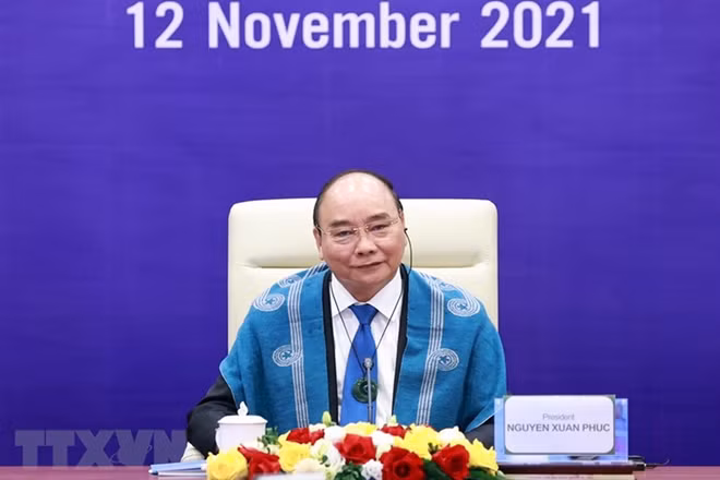 Chủ tịch nước Nguyễn Xuân Phúc dự Hội nghị các nhà Lãnh đạo kinh tế APEC lần thứ 28 theo hình thức trực tuyến. (Nguồn: TTXVN)
