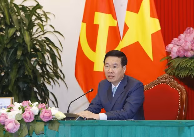 Thường trực Ban Bí thư Võ Văn Thưởng phát biểu tại hội đàm trực tuyến. (Ảnh: Phương Hoa/TTXVN)