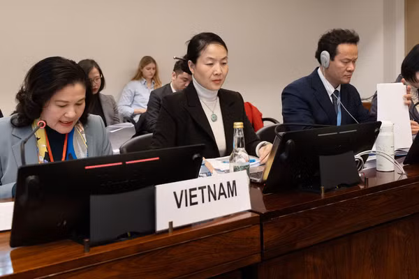 Thứ trưởng Nội vụ Nguyễn Thị Hà (ngoài cùng bên trái) cùng đoàn đại biểu Việt Nam tại Phiên bảo vệ Báo cáo quốc gia lần thứ 9 về thực thi Công ước CEDAW. (Ảnh Đoàn đại biểu liên ngành Việt Nam)