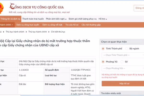 Thủ tục cấp lại giấy chứng nhận quyền sử dụng đất bị mất thuộc thẩm quyền cấp xã tại Hà Nội thực hiện trên Cổng Dịch vụ công quốc gia. 