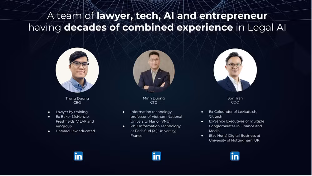 Dương Bảo Trung cùng đội ngũ phát triển LEXcentra, nền tảng ứng dụng AI vào tra cứu, phân tích và xử lý công việc pháp lý. Ảnh: Âu Lạc Grand Prize.
