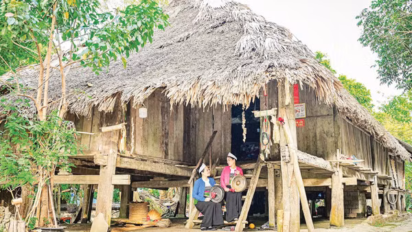 Phụ nữ Mường ở Giang Mỗ luyện tập biểu diễn chiêng Mường bên nhà sàn cổ. (Ảnh: BẢO LONG)