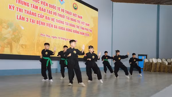 Biểu diễn võ tại Kỳ thi nâng đai võ thuật năm 2026 tại Nhà văn hóa đa năng Bệnh viện đa khoa Hùng Vương, tỉnh Phú Thọ.