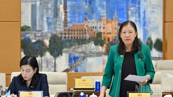 Chủ nhiệm Ủy ban Dân nguyện và Giám sát Lê Thị Nga trình bày báo cáo công tác dân nguyện của Quốc hội tháng 7/2026. (Ảnh: THỦY NGUYÊN)