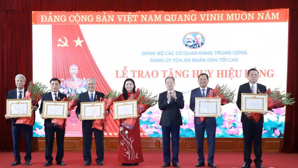 Chánh án Tòa án nhân dân tối cao trao Huy hiệu 30 năm, 35 năm tuổi Đảng cho các đảng viên. (Ảnh: M.Đ)