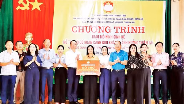 Lãnh đạo tỉnh Hà Tĩnh trao biểu trưng hỗ trợ mô hình sinh kế cho người dân (Ảnh NGÔ TUẤN) 
