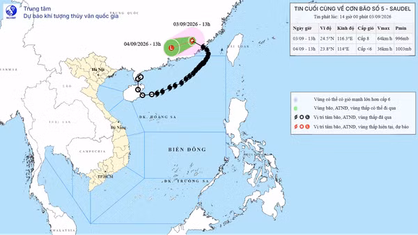 Bản đồ dự báo quỹ đạo bão số 5 phát lúc 14 giờ giờ ngày 3/9. (Ảnh: Trung tâm Dự báo khí tượng thủy văn quốc gia)