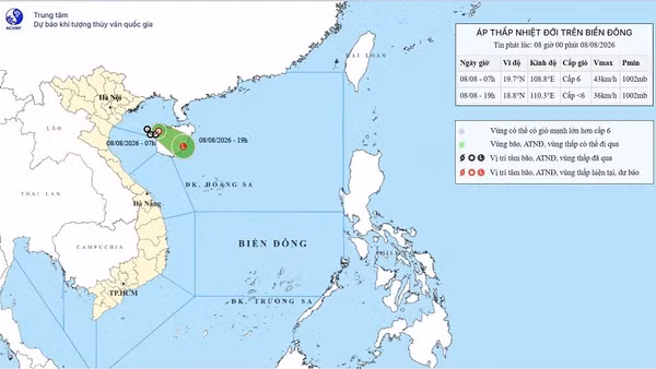 Bản đồ dự báo quỹ đạo và cường độ áp thấp nhiệt đới lúc 8 giờ ngày 8/8.
