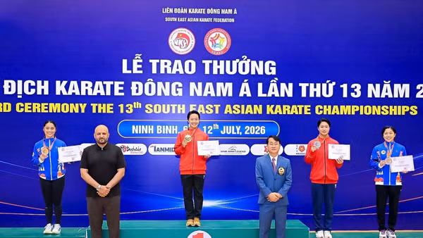Ngọc Trâm giành HCV cá nhân tại Giải karate vô địch Đông Nam Á 2026 tranh tài ở Ninh Bình. Ảnh | AKF