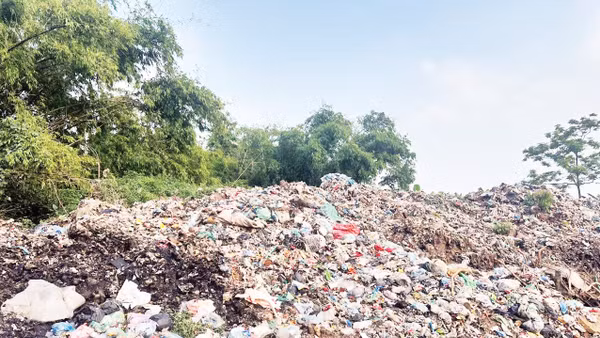 Bãi rác lộ thiên ở Liên Khê, xã Khoái Châu, tỉnh Hưng Yên. Ảnh: TRÀ KHÚC