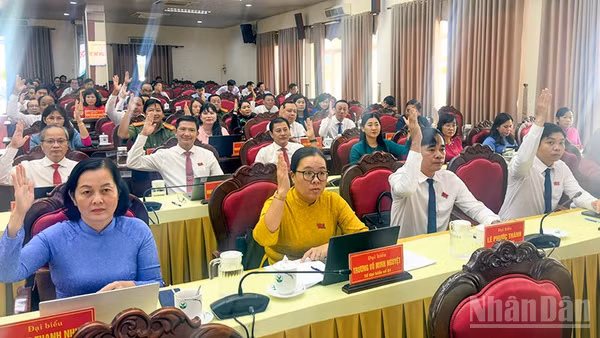 Đại biểu biểu quyết thông qua nghị quyết. (Ảnh: BÁ DŨNG)