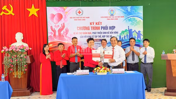 Hai bên thực hiện nghi thức ký kết hợp tác. (Ảnh: BÁ DŨNG)