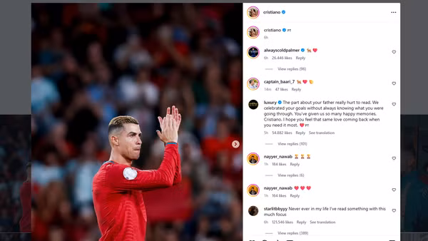 Tâm thư được Cristiano Ronaldo đăng trên trang cá nhân.