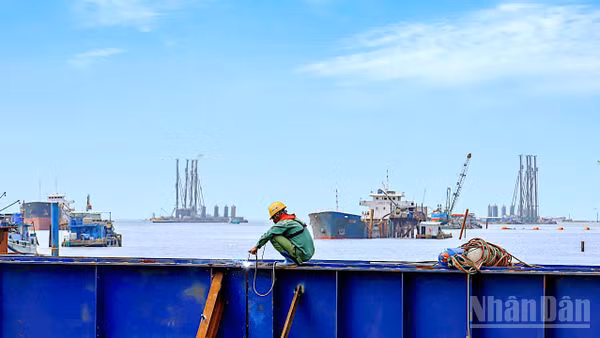 Không khí lao động hăng say trên đại công trường trọng điểm giữa trùng khơi Cà Mau. (Ảnh: HỮU TÙNG)