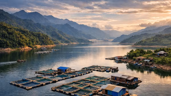 Khai thác không gian mặt nước lòng hồ để nuôi thủy sản ở thủy điện Sơn La. 