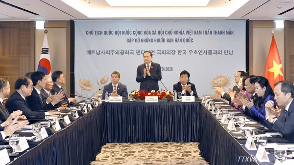 Chủ tịch Quốc hội Trần Thanh Mẫn phát biểu tại cuộc gặp gỡ những người bạn Hàn Quốc. (Ảnh: Doãn Tấn/TTXVN)