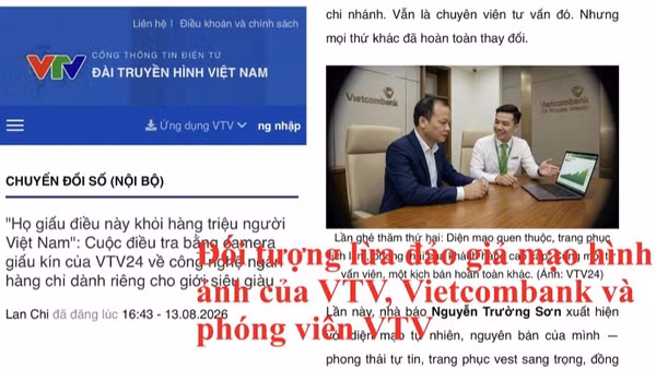 Ảnh chụp màn hình bài báo đối tượng lừa đảo giả mạo hình ảnh của phóng viên báo chí và nhân viên Vietcombank. (Ảnh: Vietcombank)