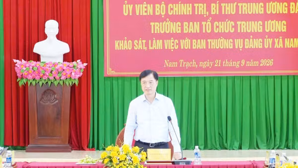 Đồng chí Nguyễn Duy Ngọc, Ủy viên Bộ Chính trị, Bí thư Trung ương Đảng, Trưởng Ban Tổ chức Trung ương phát biểu tại buổi làm việc, khảo sát. (Ảnh: HG)
