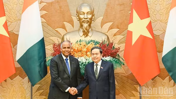Chủ tịch Quốc hội Trần Thanh Mẫn cùng Chủ tịch Quốc hội nước Cộng hòa Bờ Biển Ngà Patrick Achi. (Ảnh: DUY LINH)