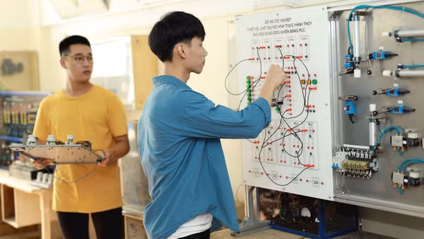 Đào tạo nguồn nhân lực phải gắn với nhu cầu sử dụng lao động thực tế. Trong ảnh: Sinh viên Khoa Điện-Cơ điện tử, Trường đại học Phương Đông trong tiết thực hành. (Ảnh THẾ ĐẠI)