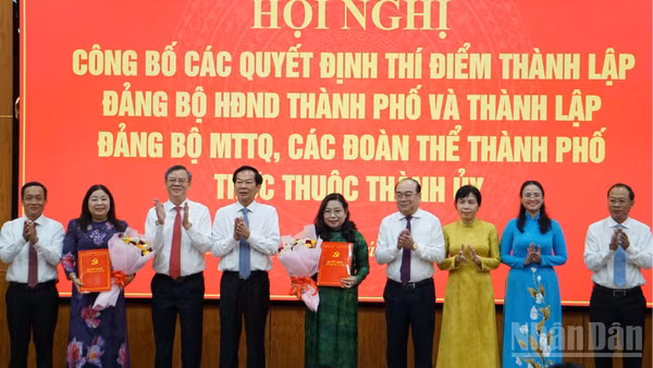 Lãnh đạo Thành ủy Cần Thơ trao quyết định cho lãnh đạo đảng bộ trực thuộc. (Ảnh: THANH TÂM)