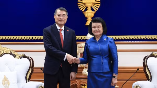 Thủ tướng Chính phủ Lê Minh Hưng hội kiến Chủ tịch Quốc hội Campuchia Khuon Sudary. (Ảnh: chinhphu.vn/Nhật Bắc)