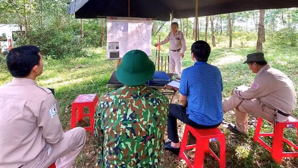 Nhân viên của Dự án MAG giới thiệu về hiện trường trước khi tiến hành dò tìm và xử lý vật nổ giữa rừng cao-su ở phía bắc Quảng Trị (Ảnh: HƯƠNG GIANG)